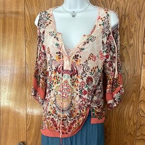 Democracy Cream Tan Graphic Tie Front Blouse